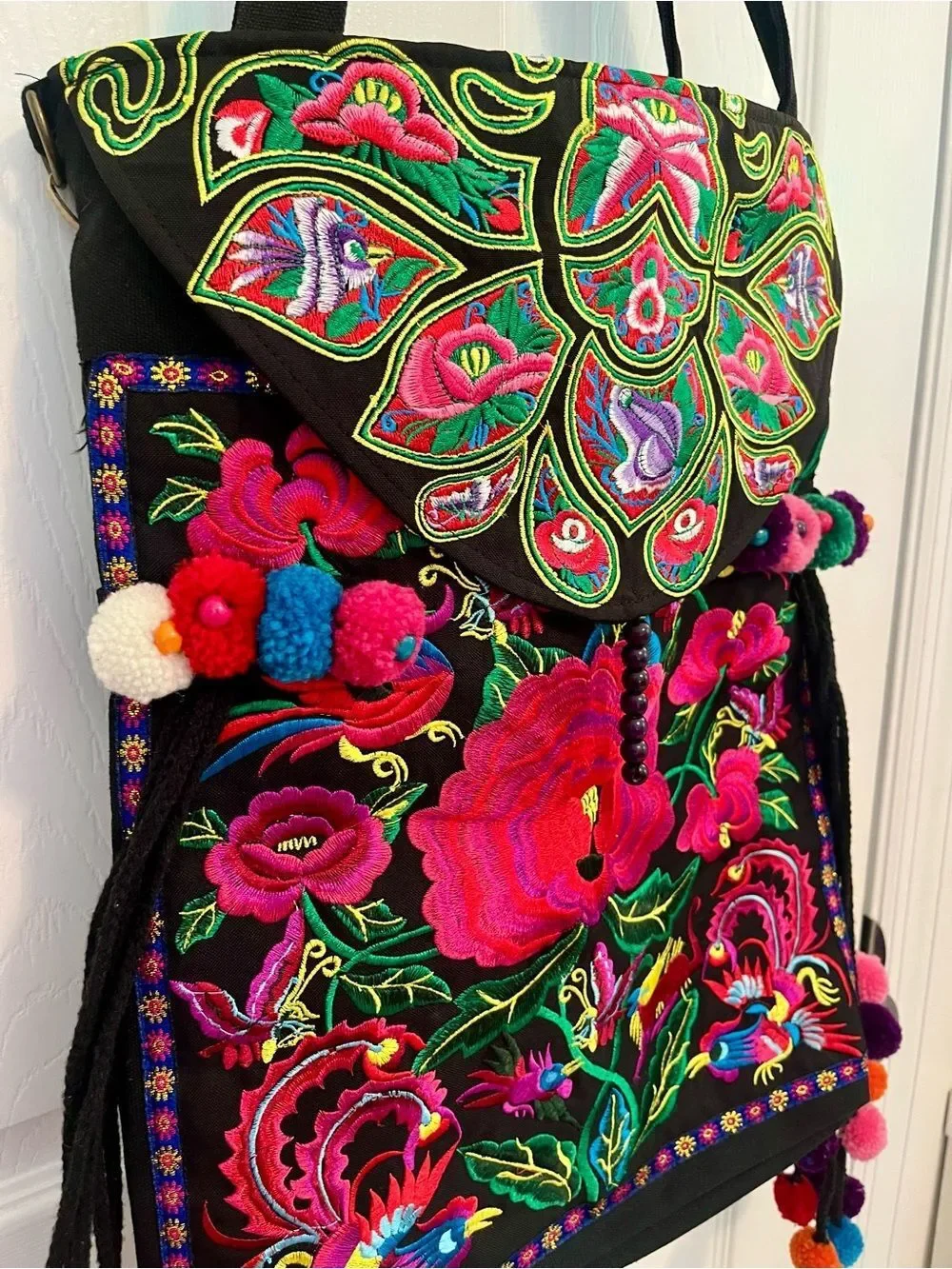 Boho Embroidered Floral & Bird Convertible Tote Backpack w/Pom Pom Tassels NWOT